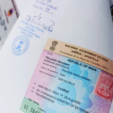 photo of MEA apostille sticker on an Indian marriage certificate with notary and SDM stamps
