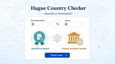 Country-pair checker showing whether an apostille is accepted or embassy attestation is required