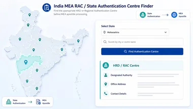 India map and search tool for finding state HRD or Regional Authentication Centres and designated authorities before MEA apostille processing