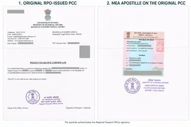 Original RPO PCC with direct MEA apostille Original RPO-issued PCC with an MEA apostille authenticating the Deputy Passport Officer’s signature and RPO Cochin seal