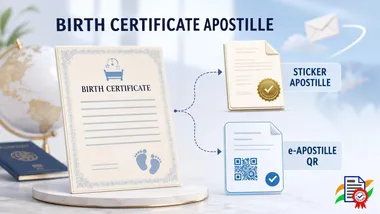 Indian birth certificate showing sticker apostille and QR-based e-Apostille options for international use