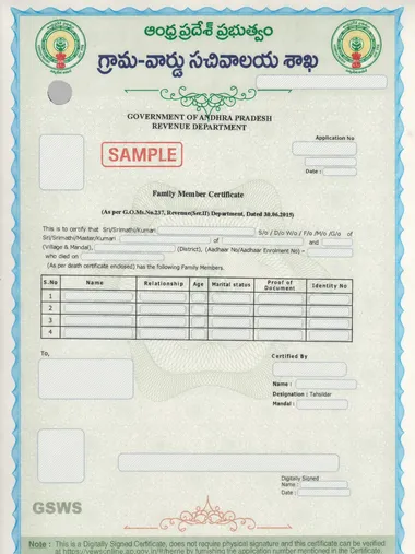 Sample Family Member Certificate — Issued by an Indian Local Revenue Department Redacted sample Family Member Certificate from India, signed by the local Revenue Department