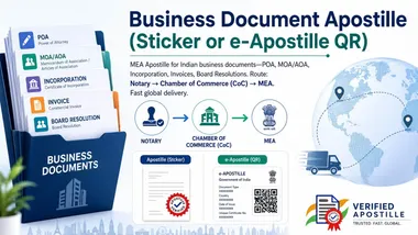 Indian business documents — POA, MOA/AOA, Incorporation, Invoice, Board Resolution — routed through Notary, Chamber of Commerce, and MEA, with Apostille sticker and e-Apostille QR samples