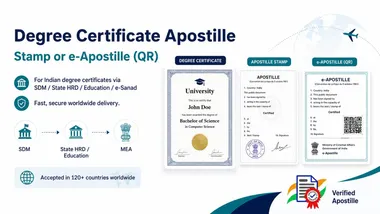 Sample Indian degree certificate alongside an MEA Apostille stamp and e-Apostille QR certificate, with the SDM to State HRD/Education to MEA attestation flow