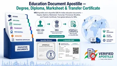 Indian education documents — Degree, Diploma, Marksheet, Transcript, Provisional, Bonafide, Transfer Certificate — routed through SDM/HRD to MEA, with Apostille sticker and e-Apostille QR samples