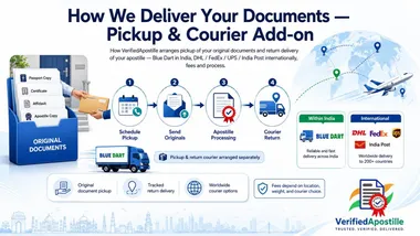 Four-step document pickup and courier delivery process — schedule pickup, send originals, apostille processing, courier return — via Blue Dart within India and DHL, FedEx, UPS, India Post internationally