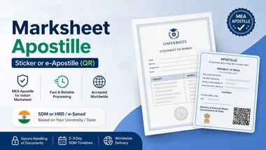 Sample Indian marksheet (statement of marks) alongside an MEA Apostille certificate with QR code, for sticker or e-Apostille marksheet attestation