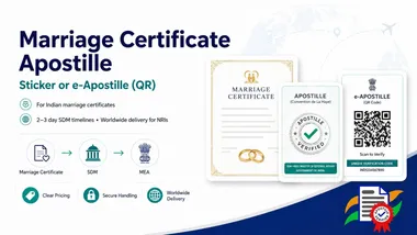 Sample Indian marriage certificate alongside an Apostille verification stamp and an e-Apostille QR code card, via the Marriage Certificate to SDM to MEA attestation flow