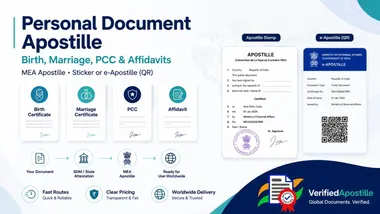 Birth Certificate, Marriage Certificate, PCC, and Affidavit documents routed through SDM/State Attestation to MEA Apostille, with Apostille stamp and e-Apostille QR samples