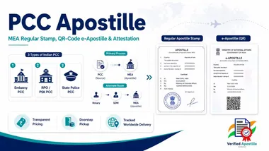 PCC Apostille process for Embassy, RPO/PSK, and State Police PCC — via PCC to MEA or Notary to SDM to MEA — with regular Apostille stamp and e-Apostille QR samples