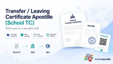 Sample School Transfer Certificate alongside an Apostille stamp and e-Apostille QR certificate, via the School TC to SDM to MEA attestation flow