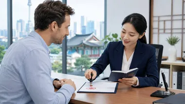 Korean notary public assisting a foreign client with document notarization in South Korea