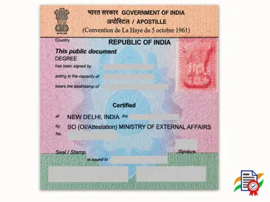 Sample Indian apostille stamp with Hague fields Indian apostille sample showing the ten standard Hague Apostille fields with personal and identifying data redacted.