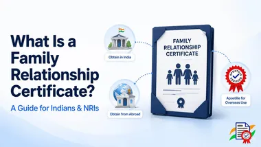Guide explaining how Indians and NRIs obtain a Family Relationship Certificate in India or abroad and apostille it for overseas use.